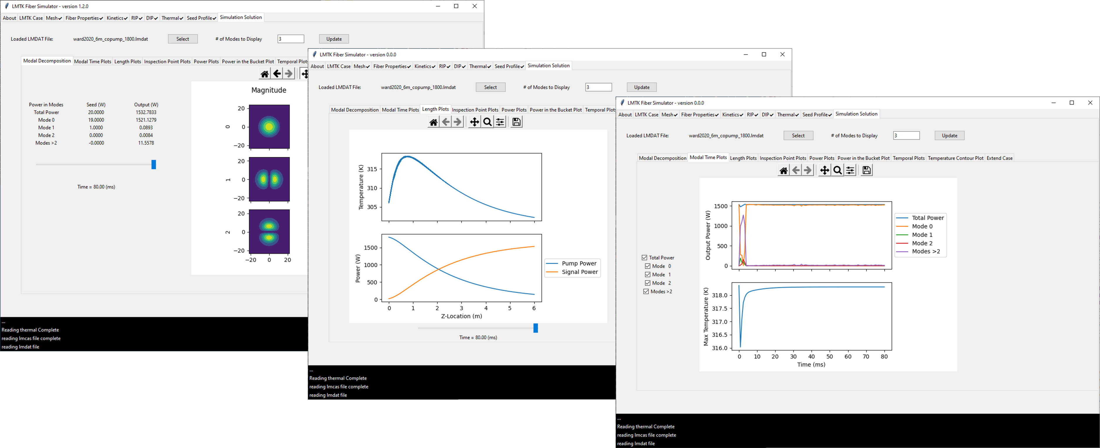 Viewing the simulated fiber thermal profile and beam modal composition in the GUI.